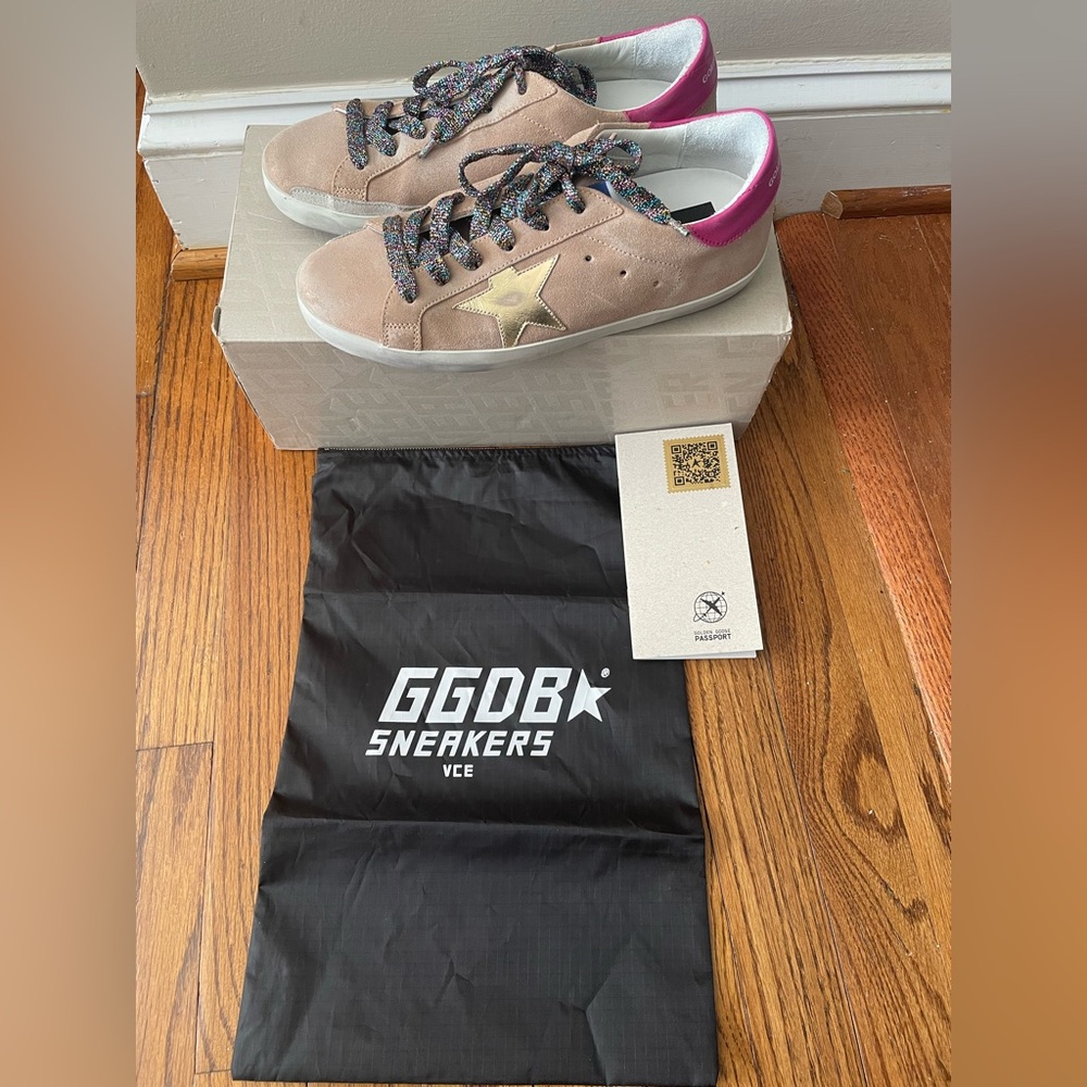 Golden Goose Superstar Nude Suede Gold Star Pink Heel Confetti Laces NEW IN BOX - Picture 13 of 13